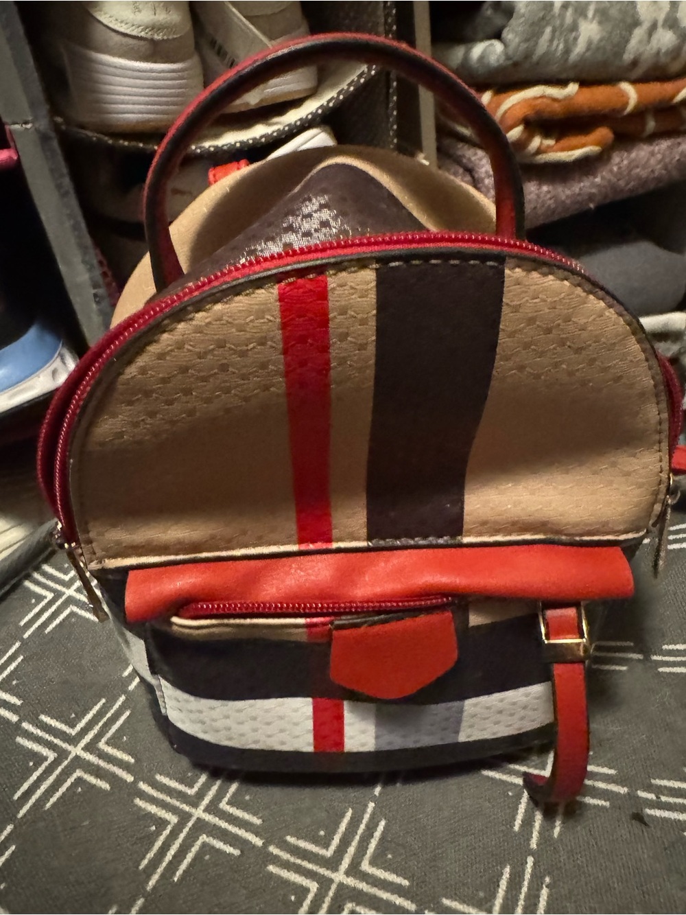 Striped Mini Backpack in Tan, Black & Red